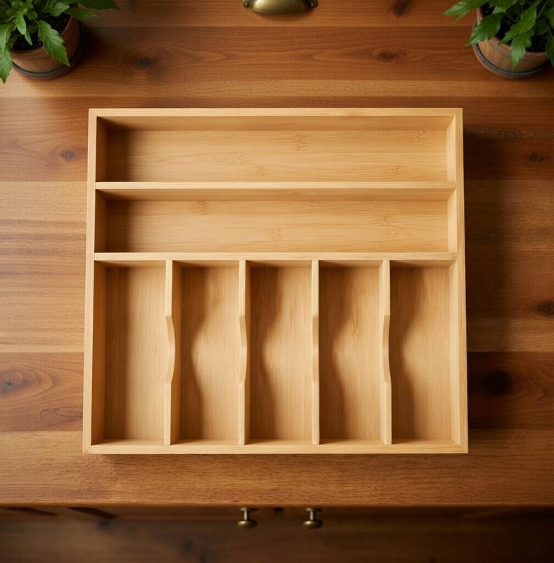 Organizador de cajones de cocina de bambú, bandeja para utensilios de 7 ranuras, soporte para cubiertos, almacenamiento de madera natural imagen 1