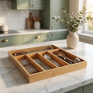 Pode incluir: Um organizador de gaveta de cozinha retangular de bambu com cinco compartimentos divididos. O organizador contém garfos e facas de aço inoxidável, um batedor de metal, uma colher de prata, colheres de madeira e um pequeno infusor de chá de metal.