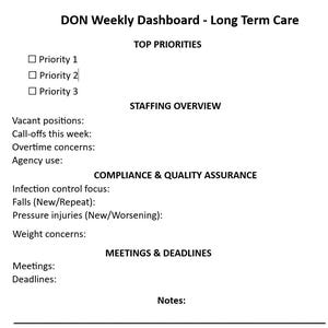 DON Weekly Dashboard Mall – Omvårdnadsledarskapsplanerare – Redigerbar PDF