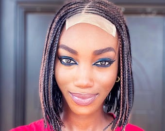 10-inch black and brown micro braids, 100% human hair, slanted part closure