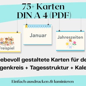 May include: Educational printable cards with the text "75+ Karten DIN A 4 (PDF)". The cards include illustrations and German text for "Freispiel", "Januar", and "Jahreszeiten". The cards are designed for classroom use.