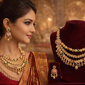 Peut inclure: Ensemble de collier et boucles d'oreilles dorés avec des détails complexes. Le collier présente plusieurs rangées avec des pierres précieuses colorées et un pendentif. Les boucles d'oreilles ont un design assorti. Les bijoux sont présentés sur un présentoir en velours bordeaux.