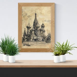 Kunstprint van de Basiliuskathedraal: vintage zwart-witte ets, pastelkleurige koepels, Russische gravure