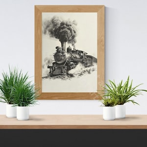 Steam Locomotive, Vintage Ink Etching 1800s Train Fine Line Illustration, Digital Download Printable