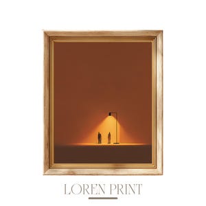 May include: Framed art print featuring a minimalist scene with two silhouetted figures standing under a street lamp. The artwork has a warm, orange and brown color palette. The frame is a light wood color, and the text "LOREN PRINT" is at the bottom.