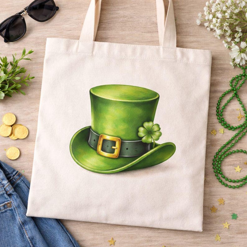 Może przedstawiać: Kremowa torba z nadrukiem zielonego kapelusza leprechauna. Kapelusz ma złotą klamrę i koniczynę. Idealna do przenoszenia przedmiot&oacute;w i świętowania Dnia Świętego Patryka.