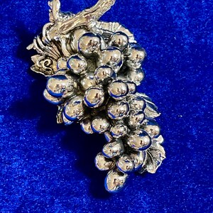 May include: A silver-toned grape cluster brooch with detailed leaves and stem. The brooch has a polished, reflective surface, and is set against a deep blue background.