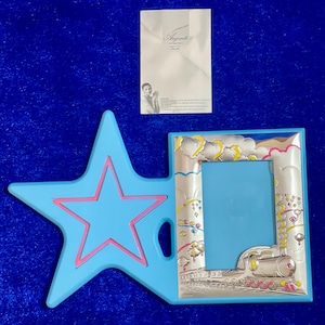 Portafoto vintage Argenti italiano / Cornice in argento 925 – Stella blu con disegno di un treno