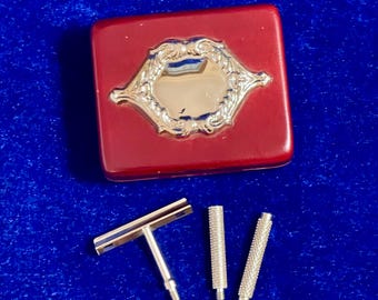 Vintage Rasierkose Reiseset mit 925er Silber-Plakette und original grüner Tasche