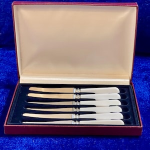 Könnte beinhalten: Ein Set aus sechs Buttermessern in einer burgunderfarbenen Box. Die Messer haben silberne Klingen und weiße Griffe. Die Box hat ein cremefarbenes Innenfutter und ein burgunderfarbenes Äußeres. Die Messer sind ordentlich angeordnet.