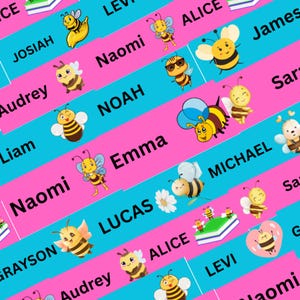 May include: A collection of rectangular adhesive labels featuring alternating bright pink and cyan blue backgrounds. Each label displays a unique name in black text, such as Josiah, Naomi, Alice, James, Audrey, Noah, Liam, Emma, Michael, Lucas, and Grayson, accompanied by various cartoon bee illustrations.