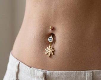 Gold Flower Dangle Belly Button Ring, CZ Navel Piercing Jewelry, Boho Belly Ring Gift