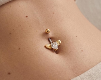 Gouden navelpiercing met engelvleugel, CZ kristallen navelpiercing