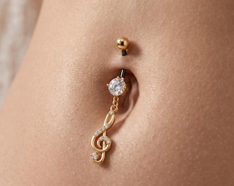 Dangle Treble Clef Belly Button Ring, Music Note Navel Piercing Jewelry, CZ Charm Barbell