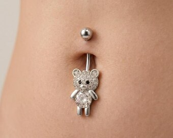 Crystal Teddy Bear Belly Button Ring, Dangle Navel Piercing Jewelry