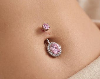 Pink Crystal Dangle Belly Button Ring, Surgical Steel Navel Piercing Jewelry