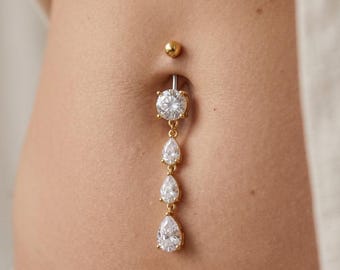 Gold Teardrop Baumeln Bauchnabel Ring, CZ Nabel Piercing Schmuck