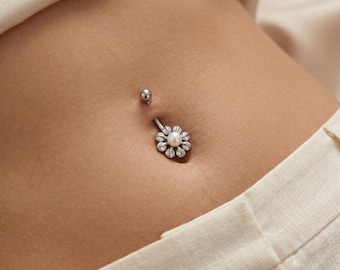 Piercing para ombligo con flor de perla, delicado piercing floral para el ombligo, joyería de barra de acero quirúrgico