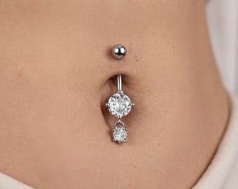 Dangle Belly Button Ring with CZ Gems, Surgical Steel Navel Piercing Jewelry