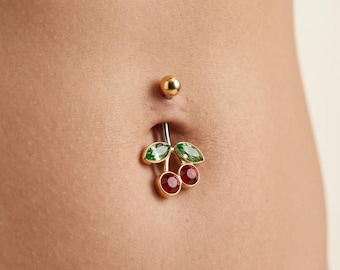Piercing para ombligo con forma de cereza dorada, joyería para piercing de ombligo, barra colgante con gema roja y verde.