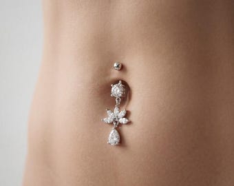 Piercing para ombligo con colgante de flor de circonita cúbica, joyería brillante de acero quirúrgico para piercing de ombligo