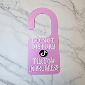 May include: A pink door hanger with a curved top and the words "DO NOT DISTURB TikTok IN PROGRESS" in white. A black and white TikTok logo is centered between the phrases. The door hanger is designed to be hung on a door handle.