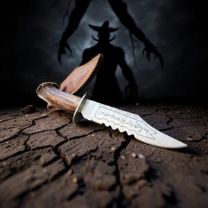 Puede incluir: Un cuchillo de caza con borde dentado y mango de madera descansa sobre tierra agrietada. La hoja tiene texto grabado. Una funda de cuero es parcialmente visible. Una silueta oscura de una figura se cierne en el fondo.