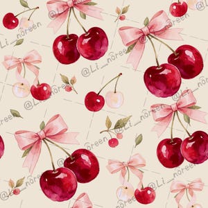 Puede incluir: Un patrón repetitivo sobre un fondo beige claro que presenta ilustraciones en acuarela de cerezas de color rojo brillante combinadas con cintas y lazos de color rosa suave. Pequeñas hojas y tallos verdes se intercalan en el diseño.