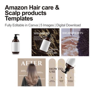 Könnte beinhalten: Werbung für Haarpflegeprodukte. Das Bild enthält eine braune Flasche mit Pumpe, eine Flasche mit der Aufschrift "SHAMPOO" und Grafiken mit Inhaltsstoffen und Gebrauchsanweisungen. Der Text lautet "Amazon Hair care & Scalp products Templates".