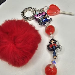 Beaded Keychain: Fun y2k Bag Charm featuring a red pom pom