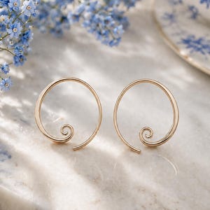 Gold Spiral Hoop Earrings, Handcrafted Wire Swirl Threader Earrings, Minimalist Open Circle Dangles, Geometric Whimsical Gift for Her