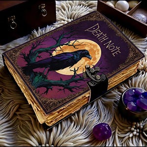 Peut inclure: Un livre décoratif intitulé "Death Note" avec une illustration de corbeau sur la couverture, devant une pleine lune. Le livre est orné d'un fermoir noir et entouré de pierres précieuses violettes. Les pages du livre ont un aspect vieilli.