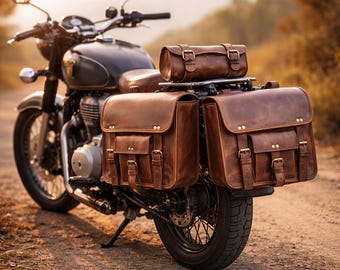 Set di borse laterali per moto in pelle fatte a mano, borse laterali vintage per bici, bagagli neri e marroni