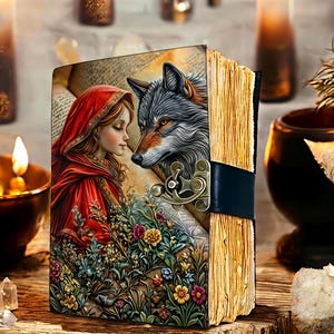 Könnte beinhalten: Ein dekoratives Journal mit einer Illustration von Rotkäppchen und dem Wolf. Die Cover-Art zeigt das Paar in einer floralen Umgebung. Das Journal hat alt aussehende Seiten und einen dunkelblauen Lederriemen mit einem Metallverschluss.
