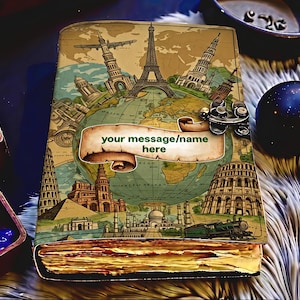 Könnte beinhalten: Ein Vintage-Reisetagebuch mit Weltkarten-Design, das Wahrzeichen wie den Eiffelturm und das Kolosseum zeigt. Der Einband hat ein Banner mit der Aufschrift "your message/name here". Es hat einen Metallverschluss und gealterte Seiten.