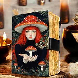 Diario de cuero de chica seta fantástica, cuaderno de bruja cottagecore, diario de arte del bosque de pelirrojas