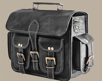 Handmade Black Leather Motorcycle Saddlebag, Vintage Biker Luggage