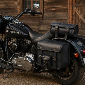 May include: A black Harley-Davidson motorcycle with leather saddlebags and a matching roll bag. The motorcycle has chrome accents and the Harley-Davidson logo on the fuel tank. The background is a wooden structure.