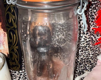 Haunted Doll Vessel, Trapped Haint spirit in Jar, Possessed, Hoodoo, Paranormal, Metaphysical, evil, deceptive, ghost, spirit, goth