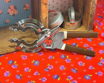 Vintage 1960s Swing-A-Way Multi Tool Can Opener, Chrome Steel, Brown Vinyl Handles