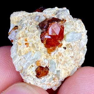 May include: A close-up of a rough, beige rock formation with embedded crystals and several faceted, reddish-brown garnet crystals. The garnets have a glossy, reflective surface, and the rock has a rough, textured appearance.