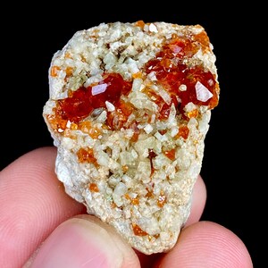 Può includere: Primo piano di un campione minerale con vivaci cristalli rosso-arancio incastonati in una matrice di materiale granulare bianco sporco e beige. I cristalli hanno una superficie lucida, in contrasto con lo sfondo opaco.