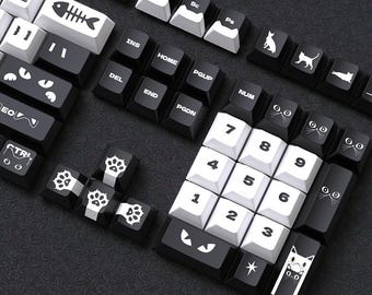 Night Cute Cat PBT-keycaps 126 toetsen | Zijafdruk zwart-witte kat thema kleurstofsublimatie originele PBT-profiel mechanische toetsenbordtoetsenset