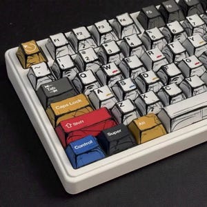 May include: A white mechanical keyboard with custom keycaps. The keycaps feature a manga-style design with black outlines and gray shading. The function keys and modifier keys are colored red, blue, yellow, and black.
