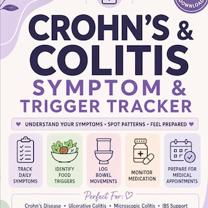 May include: A digital tracker document titled Crohn's & Colitis Symptom & Trigger Tracker. It features icons for tracking symptoms, food triggers, bowel movements, medication, and appointments. The design uses purple, green, and beige accents.