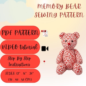 Könnte beinhalten: Ein Memory Bear-Schnittmuster mit einem roten Blumenmuster-Bären. Das Bild enthält eine Videoanleitung, ein PDF-Muster und Anweisungen. Größen: 30, 40 und 50 cm (12", 16", 20").