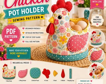 Chicken Pot Holder Sewing Pattern PDF, Quilted Chicken Oven Mitt, Farmhouse Kitchen Decor, DIY Country Cottage Gift