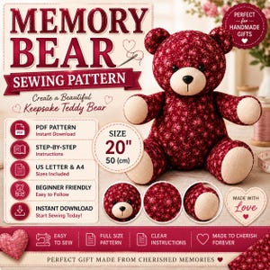 Molde em PDF para Urso da Memória, Molde de Costura, Urso de Pelúcia Feito com Roupas, Urso Memorial, Bicho de Pelúcia Faça Você Mesmo