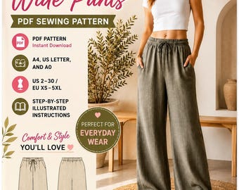 Linen pants Wide Leg Sewing Pattern PDF, Easy Beginner Pants Pattern, Women’s Lounge Pants, Pajama Trousers, Instant Download