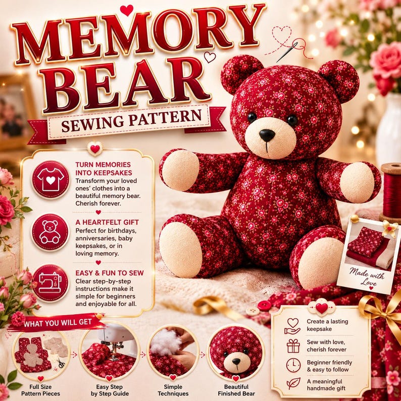 May include: A sewing pattern for a memory bear featuring a red floral fabric teddy bear with beige paws and snout. The text reads MEMORY BEAR SEWING PATTERN, TURN MEMORIES INTO KEEPSAKES, A HEARTFELT GIFT, EASY & FUN TO SEW, and WHAT YOU WILL GET.